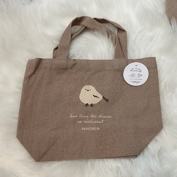 Small Tote Bag. Canvas. Birds Print. Light Brown Multi. - Picture 2 of 7